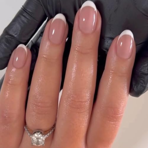 modelones French Tips Press on Nails, 32Pcs 16 Sizes Short Oval Fake Nails Kit Press Ons with Nail Glue, Adhesive Tabs, Nail File, Prep Pad, Manicure Stick