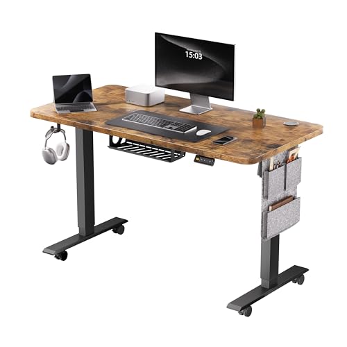 MAIDeSITe Height Adjustable Electric Lift Table, 120 x 60 cm Standing and Sitting Table with Cable Tray, Hook and Storage Pockets, Lift Table with Memory Controller