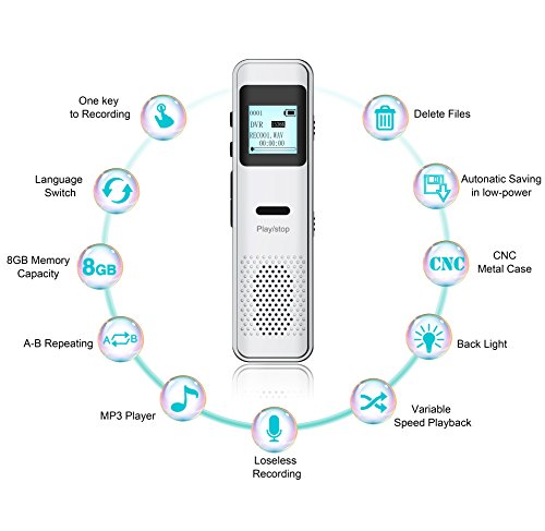 Voice Recorder,Valoin Compact Handy 8G Digital Audio Recorder Dictaphone with MP3 Player,USB Rechargeable,Metal Body,Design for Lecture Meeting Interview Recording (Silver 01)