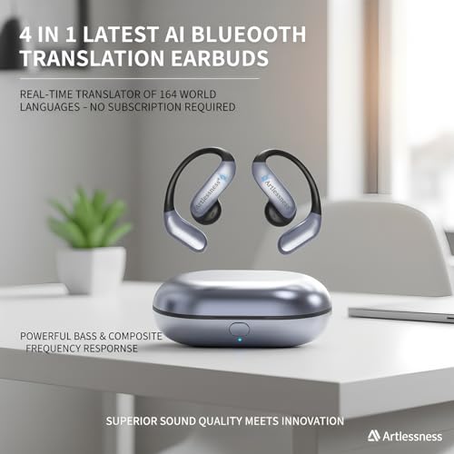 4-in-1 Latest AI Bluetooth Translation Earbuds, Real-time Translator of 164 languages; No subscription required; Powerful Bass & Full-Range Frequency Response, Premium Audio with Innovative Technology