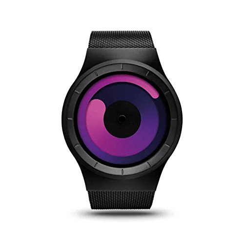 MINILUJIA Classic Creative Black Stainless Steel Mesh Men Watch Cool Unique Quartz Wrist Watch Red Swirl Rotating Eye-catching Personalized Watch (red)