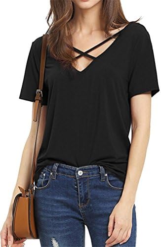 VOGRACE Womens Criss Cross Front Deep V Neck T Shirt Summer Casual Tee Tops