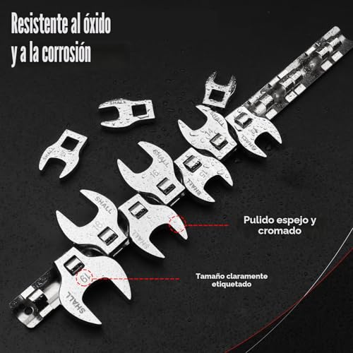 SHALL Juego de 10 llaves de pata de gallo métricas de 3/8", juego de llaves de pata de gallo de extremo abierto, medidas métricas de 10 a 19 mm, con organizador con clip