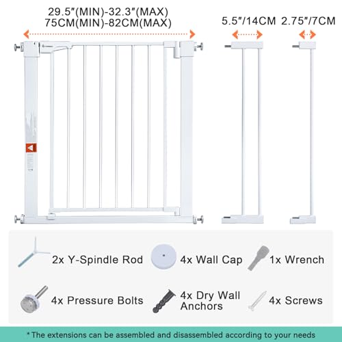 COMOMY Extendable Safety Barrier 75-103 cm, Child Safety Barrier with Automatic Closing System, 7 cm and 14 cm Extensions, White