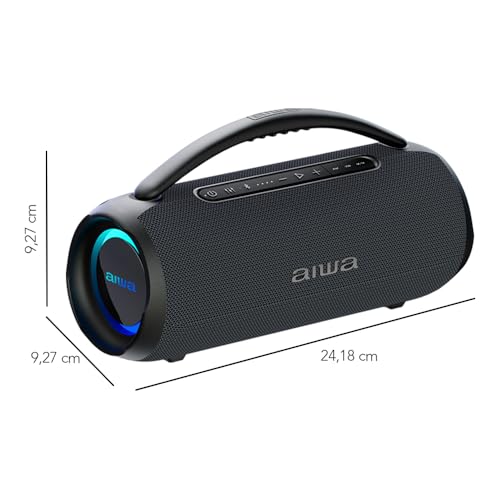Aiwa AWQ680 Bocina Bluetooth Portátil de 30W RMS con Luces LED, Resistente al Agua IPX5, Función TWS, Bluetooth 5.3, USB hasta 32GB, Radio FM y Entrada AUX, Color Negro