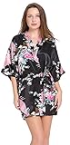 Aibrou Women's Kimono Robes Satin Peacock and Blossoms Silk Nightwear Short Style
