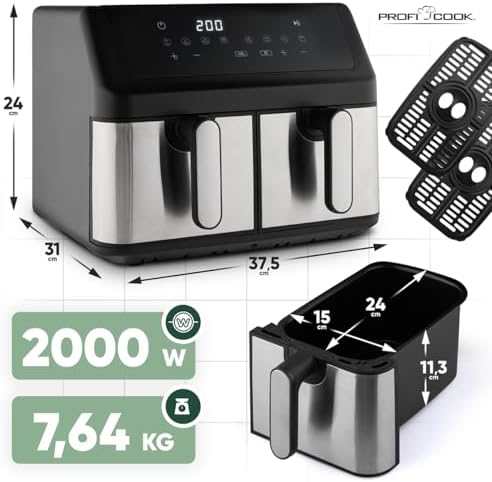 ProfiCook® Freidora de aire caliente 2 cámaras | Airfryer | 9 litros | con sistema de preparación simultánea | freír sin grasa | Freidora de aire caliente | recipiente antiadherente | PC FR 1296 H