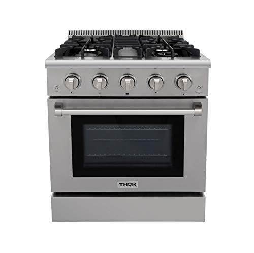 Thor Kitchen HRG3080U 30" Freestanding Professional Style Gas Range with 4.2 cu. ft. Oven, 4 Burners, Convection Fan, Cast Iron Grates, and Blue Porcelain Oven Interior, in Stainless Steel
