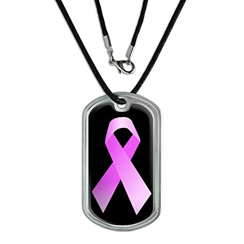 Breast Cancer Ribbon on Black - Military Dog Tag Black Cord Necklace