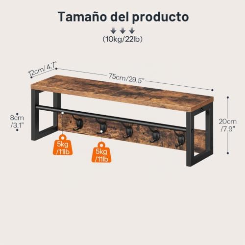 Perchero de Pared con Estante, Perchero Flotante con Barra y 5 Ganchos, Estante Colgante para Paraguas, Sombreros, para Entrada, Pasillo, Sala de Estar, Negro y Marrón Rústico EBF78YM01