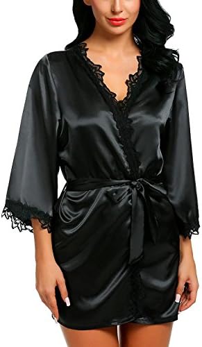 aodu Women Top Sexy Soft Floral Lace Pajamas Silk Sleepwear Bath Robe Dress Nightgown (S, Black)