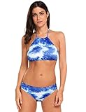 Ekouaer Womens Forest Leaves Printing High Neck Halter Bikini Set Swimsuit (Blue-2, S)