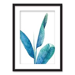Framed Wall Art - Watercolor Style Tropical Plant - Black Picture Frames White Matting - 23x31 inches