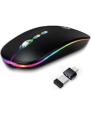 LED Wireless Mouse, Slim Rechargeable Silent Bluetooth Mouse, Portable USB Optical 2.4G Wireless Bluetooth Two Mode Computer Mice with USB Receiver and Type C Adapter (Black)