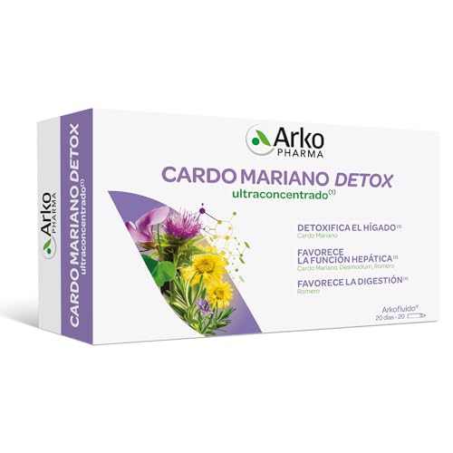 - Arkofluido Cardo Mariano Detox, 20 Ampollas, Complemento Alimenticio con Cardo Mariano, Desmodium y Romero, Detoxifica el Hígado, Favorece la Función Hepática y la Digestión