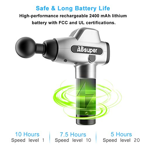 Massage Gun 2019 Winter Upgraded, ABsuper High-Intensity Percussion Massager for Pain Relief, Super Quiet 20 Speeds Rechargeable Muscle Massager with Four Different Heads for Different Muscle Groups