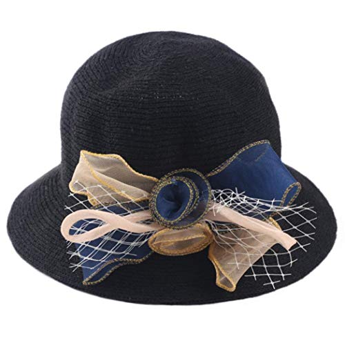 2018 Women Elegant Straw Hat Jazz Sunshade Panama Trilby Fedora Hat Sun Cap (Black)