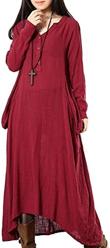 WYR Vintage Boho Plus Size M-XL Maxi Flax Long Dresses Long Sleeve Boho Cotton Linen Loose Oversize Skirt(Burgundy,M)