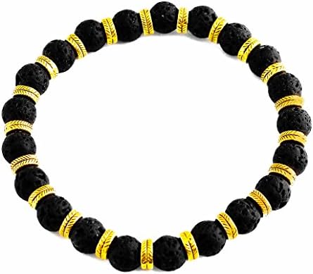Perepaix RAVE Mens Bracelet Shamballa Black Lava Beads with Gold Feather Charms