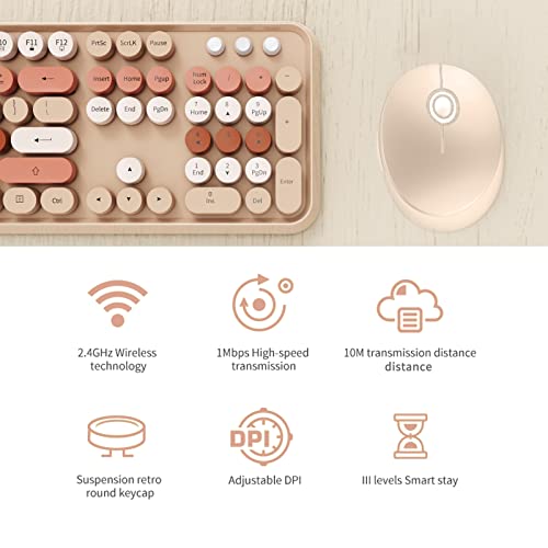 Wireless Keyboard and Mouse Combo, Ergonomic Full Size Typewriter Retro Round Keycaps Keyboard, Compatible with Windows, PC, Perfer for Home and Office Keyboards (Chocolate)