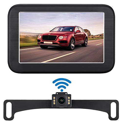 iStrong Backup Camera Wireless 5'' Monitor Kit for Car/SUV/Minivan Waterproof License Plate Rear View Camera with 6 White LED Night Vision Guide Lines ON/Off