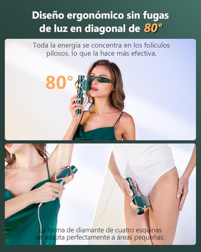 21J Laser Epilator with IGBT Fast Flash Technology 0.8s, Unlimited Blinking Epilator Pulsed Light Woman 600-1200NM, 3 Unique Modes Laser Hair Removal Face, Bikini, Body, Green Gold
