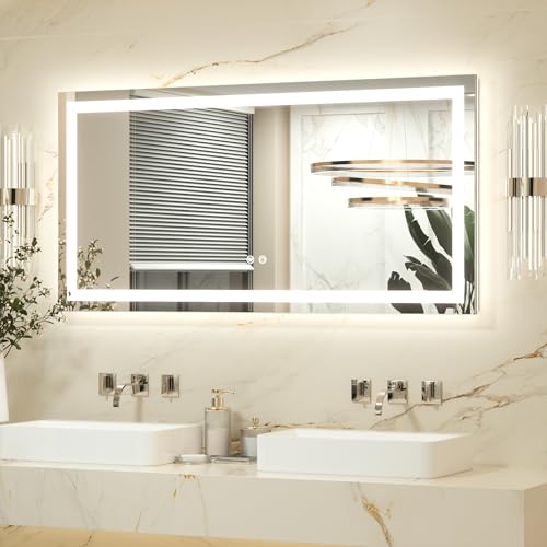 Keonjinn Badspiegel mit Beleuchtung 120x60cm, Badezimmerspiegel Beleuchtet Beschlagfrei Led Bad Spiegel mit Touch Schalter, 3 Lichtfarben Dimmbar Spei