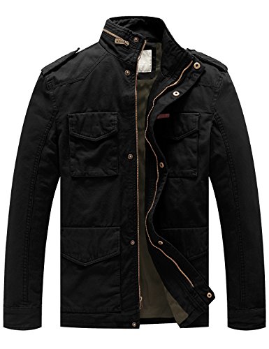 WenVen Men's Stand Collar Cotton Field Jacket (Black, L)