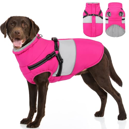 Aofitee Hundemantel Winter, Wasserdicht Warme Hundejacke Wintermantel Für Große Hunde, Reflektierend Hunde Wintermäntel Mit Geschirr, Reißverschluss, Warme Outdoor Hundebekleidung Für Kaltes Wetter