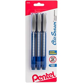 Pentel ZE21BP3K6 Clic Eraser Pencil-Style Grip Eraser, Assorted colors(Pack of 3) Packaging may vary