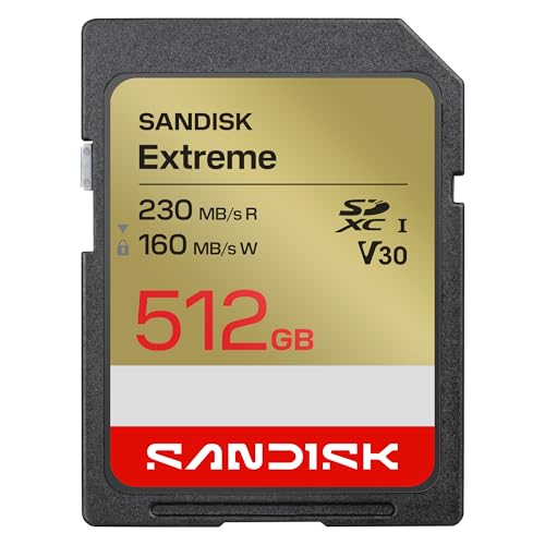 SANDISK Extreme SD UHS-I-Karte 512 GB (bis zu 230 MB/s Lesegeschwindigkeit und 160 MB/s Schreibgeschwindigkeit, 4K-UHD-Video, U3, V30) SANDISK Memory