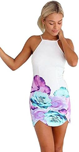 Gasion Women Slim Summer Floral Print Gallus Sleeveless Backless Dress (Large, White)