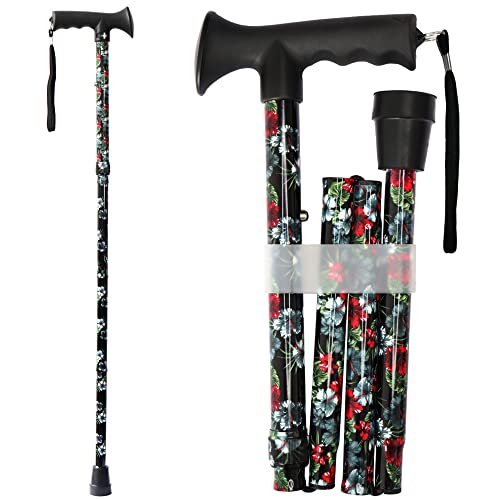 CLOKTA Walking Cane for Men and Women, Foldable Floral Lightweight Adjustable Portable for Folding Canes, Comfortable T-Handle for Seniors Adults