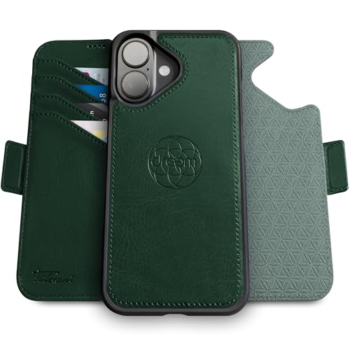 Dreem Lederhülle für iPhone 16 - Revolutionärer Ständer & Kartenfach, Abnehmbare Magnetische Hülle, MagSafe-Ready, RFID-Blocker, Wallet-Case aus Vegan