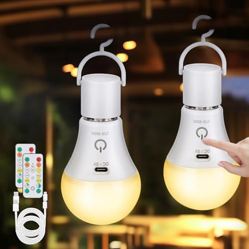 Kimjo Rechargeable Bulb with Battery - 7 W Rechargeable Bulb with Remote Control E27 USB 3 Colours Dimmable - Touch Control Outdoor Emergency Light Pack of 2