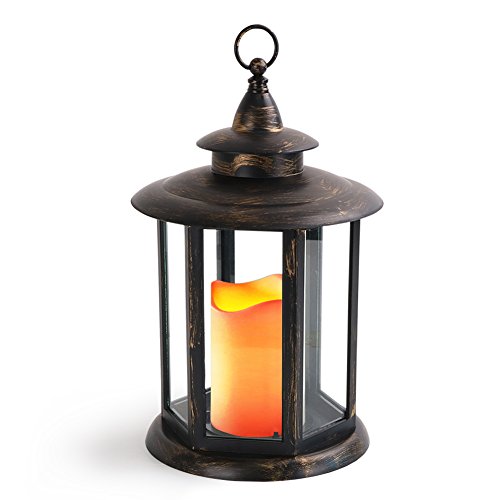 BRIGHT ZEAL HEXAGON Candle Lantern With LED Candles w/ Timer and Flickering Flame (BRONZE, 12" TALL) - Vintage Outdoor Lanterns Decorative Waterproof IP44 - Battery Operated Hanging Lanterns Indoor