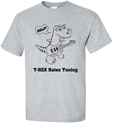 T-Rex Hates Tuning Guitar T-Shirt (Small, Grey)