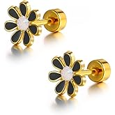 18G Cute Daisy Flower Stud Cartilage Earrings for Women Girls 14K Gold Plated Stainless Steel Enameled Dainty Screw Back Studs Sleeper Tragus Post Hypoallergenic Piercing Body Jewelry