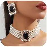 Jnncocier Fashion 1920s Bride Silver Black Green Bridal Layered Crystal Faux Pearls Necklace Earrings Set Crystal Large Wedding Jewelry Set Black Rhinestone Choker Necklace for Women