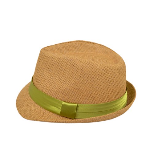 Classic Tan Fedora Straw Hat, Green Band