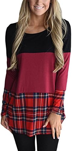Leindr Women Crewneck Color Block T Shirt Long Sleeve Tunic Blouse and Tops With Plaid Hem S-XXL