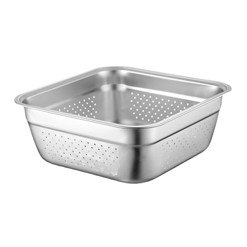 STOBAZA Thickened Stainless Steel Colander 10.63 Inch Square Vegetable Washing Basin with Large Capacity Drainage for Fruits Rice and Kitchen Use