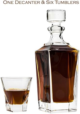 21.3 Oz. Crystal Decanter & Six 5.4 Oz. Heavy-Base Classic Whisky Scotch Brandy Glasses, Wedding Carafe & Whiskey Tumblers, 1+6-Piece Set