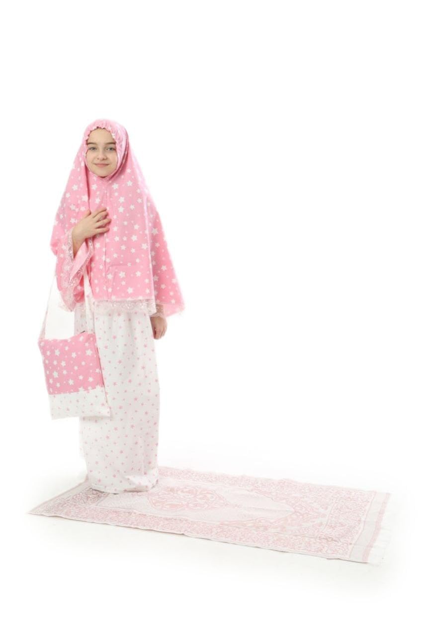 Elanesa Girls prayer clothes kids Islamic clothing 4 piece set prayer clothes skirt dress with a head scarf, prayer mat, bag and A rosary gift Stars Printed (885,8-9, Pink)