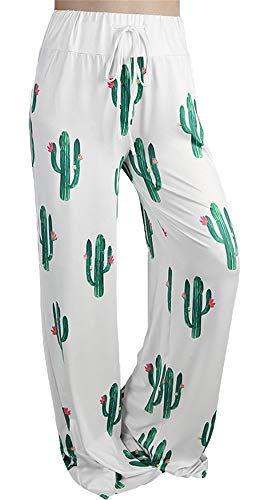 ezShe Women's Cotton Pajama Lounge Pants Loose Palazzo Pj Wide Leg Sleepwear, Cactus M