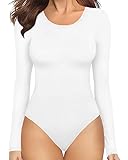 MANGOPOP Round Neck Long Sleeve Bodysuits for Women Ribbed Body Suit Shirts