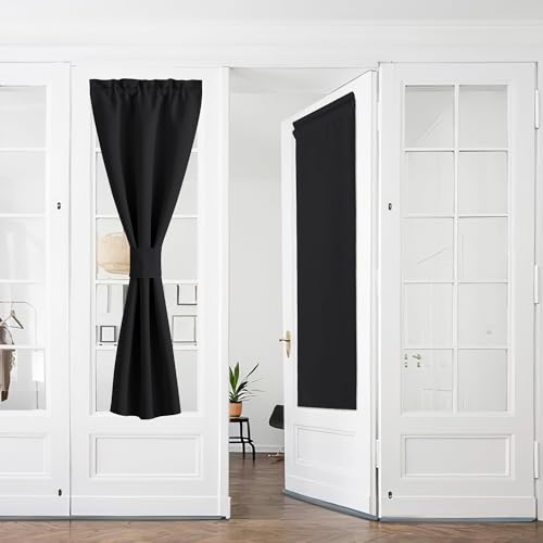 PONY DANCE Door Curtain Blackout Curtains Kitchen Curtain Window and Door 60 x 240 cm Curtain Bedroom Thermal Insulated Curtains Cold and Heat Living Room Curtains, 2 Pieces, Black