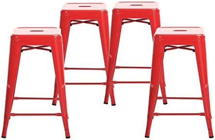 Buschman Indoor and Outdoor Metal Counter Barstools, Sturdy/Stackable Vintage Tolix Style Chair, 24" H, Red, Set of 4