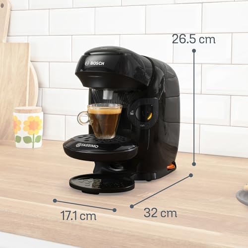 - Cafetera multibebida Tassimo Happy Friendly, Hasta 70 bebidas, OneTouch, Preparación individual, Diseño compacto, Intellibrew, Negro, TAS112E