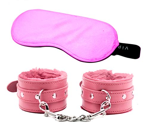 Fashion Leather Handcuffs Cuffs Adjustable Plus Sleeping Mask Set (Pink)